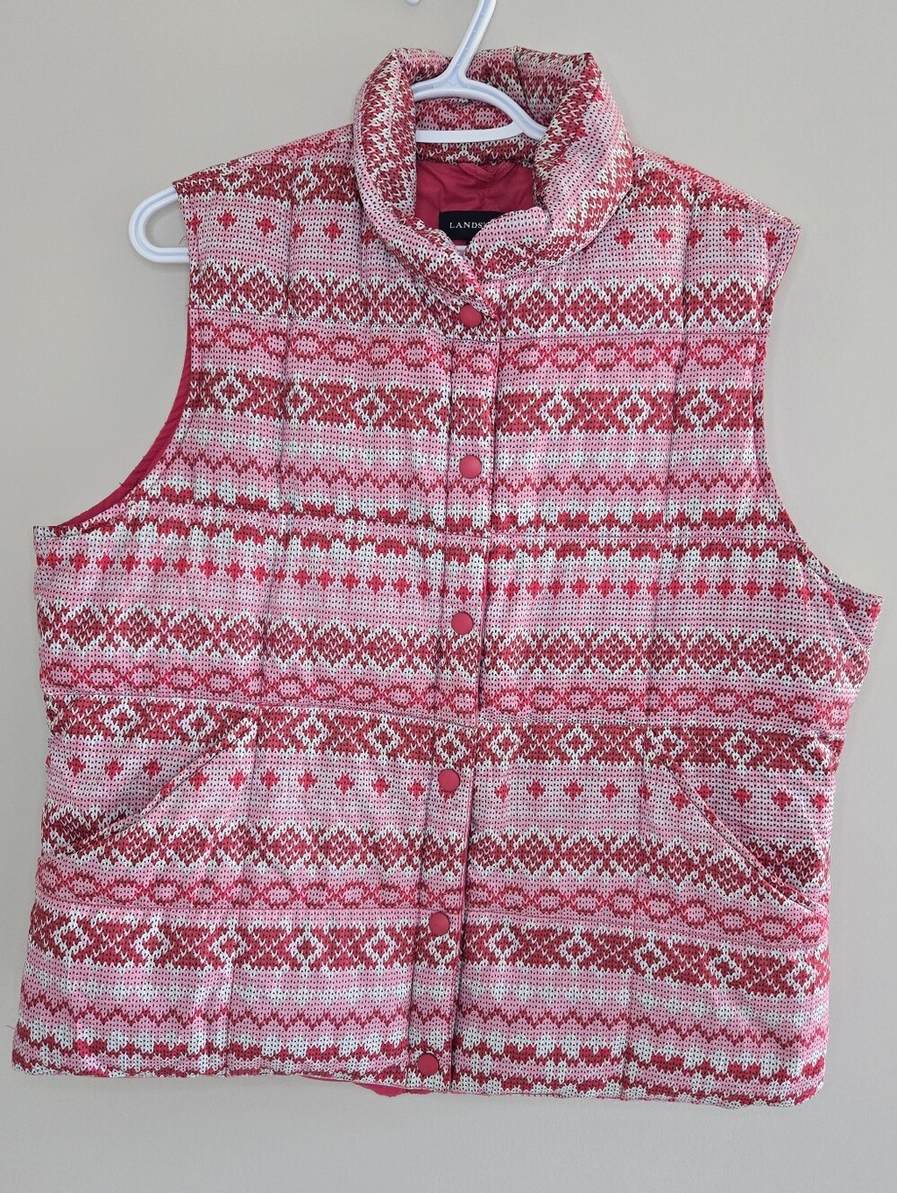 Lands' End fair isles quilted down filled vest, pink, red + white, large + new